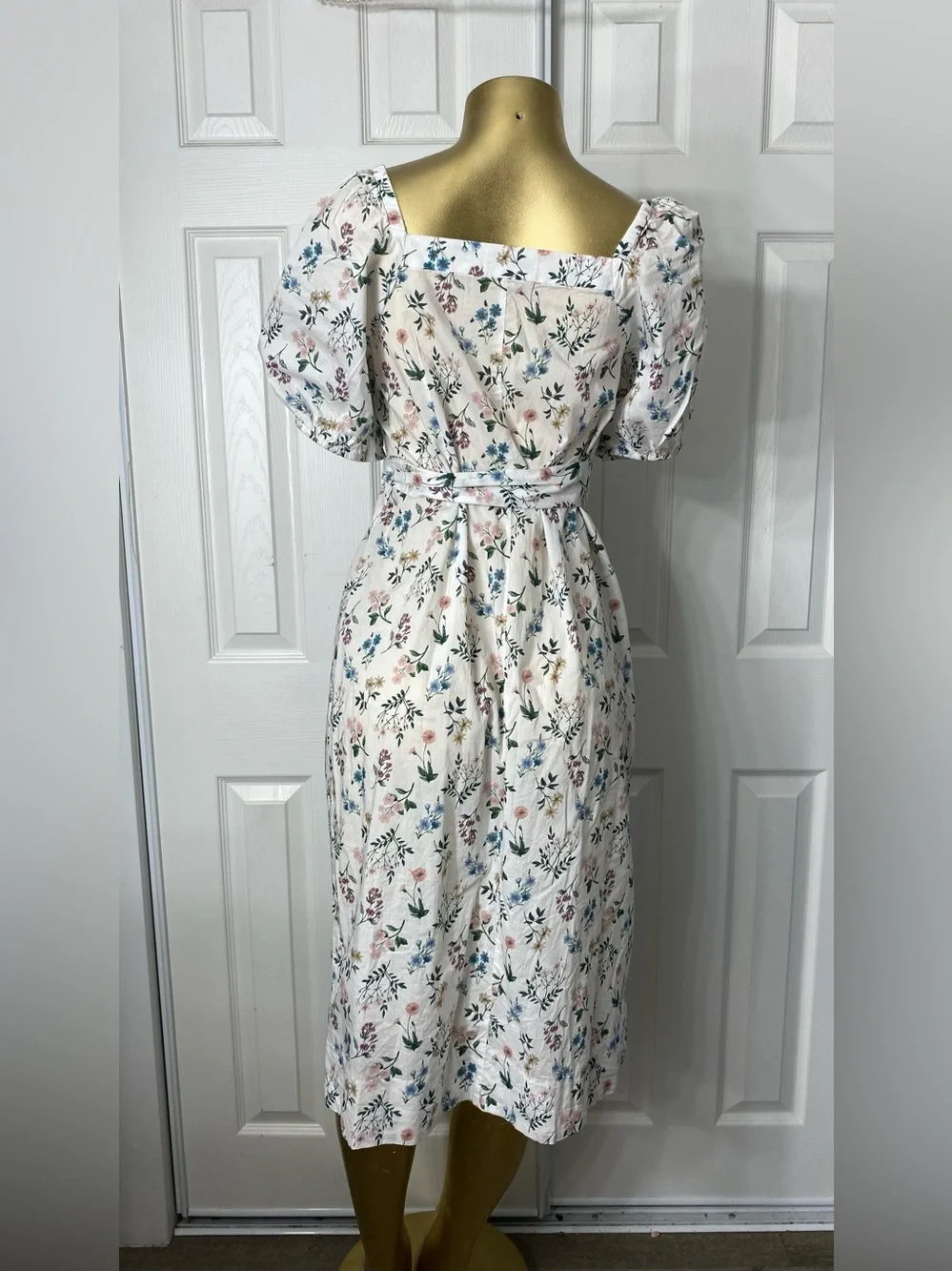 J. Crew Cream Floral Puff-Sleeve Belted Midi Dress